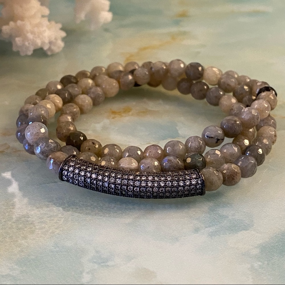 IN2 DESIGN Labradorite Wrap Beaded Layered Bracelet with Cubic Zirconia